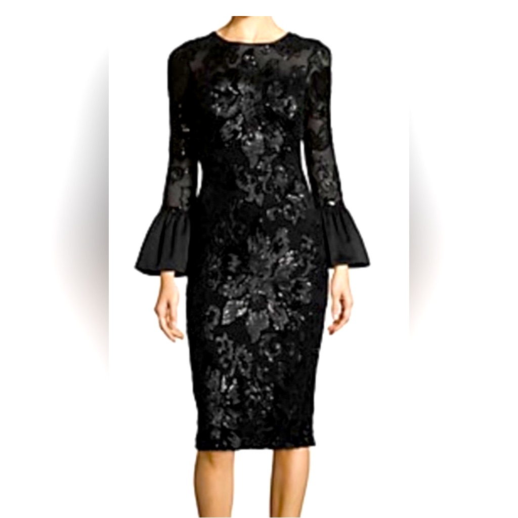 Betsy & Adam Black Sequin Mock Neck Sheath Dress